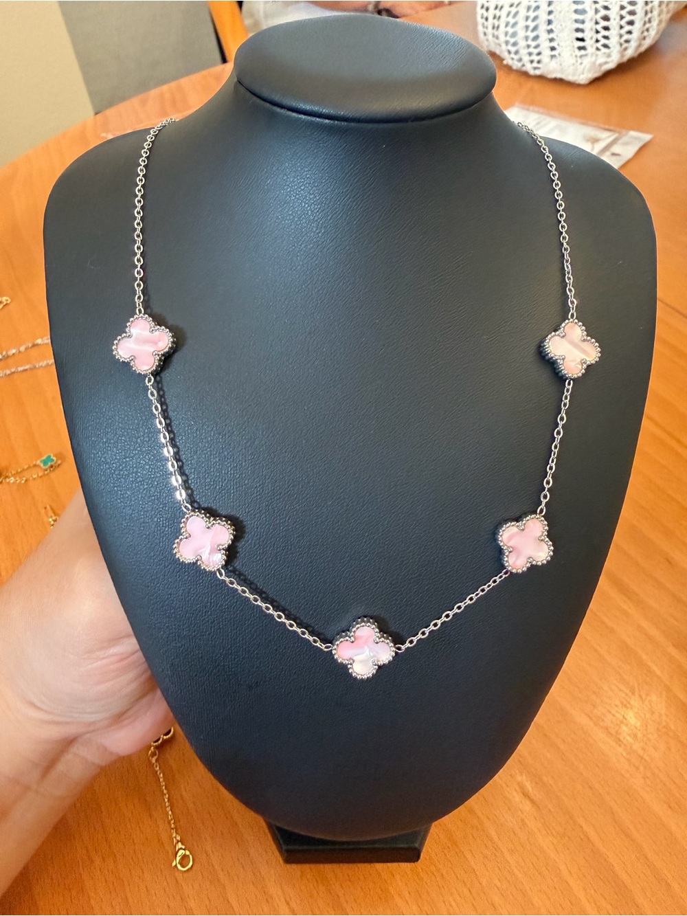 Pink Clover Flower Motif Necklace - Sterling Tone Chain